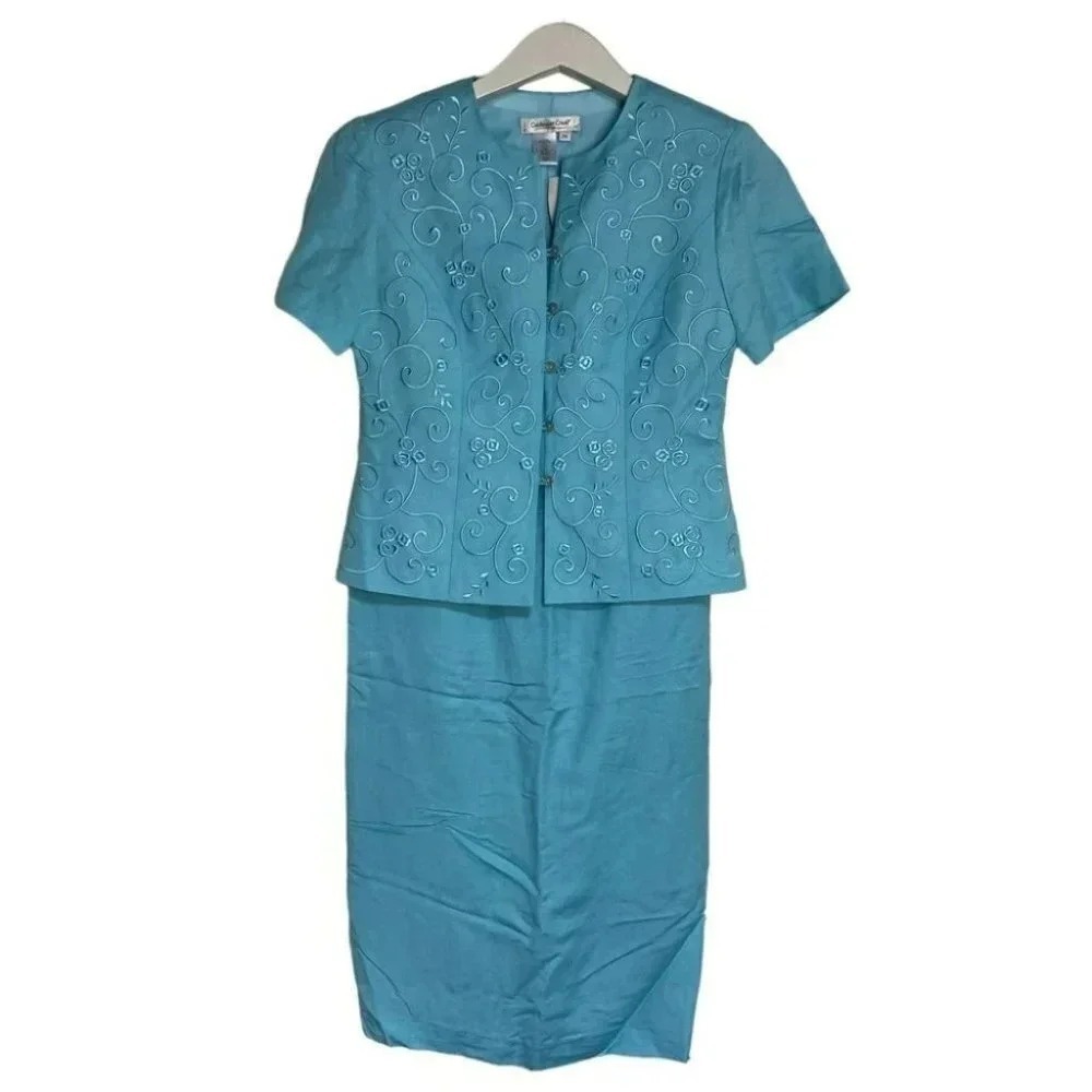 Coldwater Creek Blue Embroidered Jacket Skirt Suit Set‎ Office Church Women's 6P